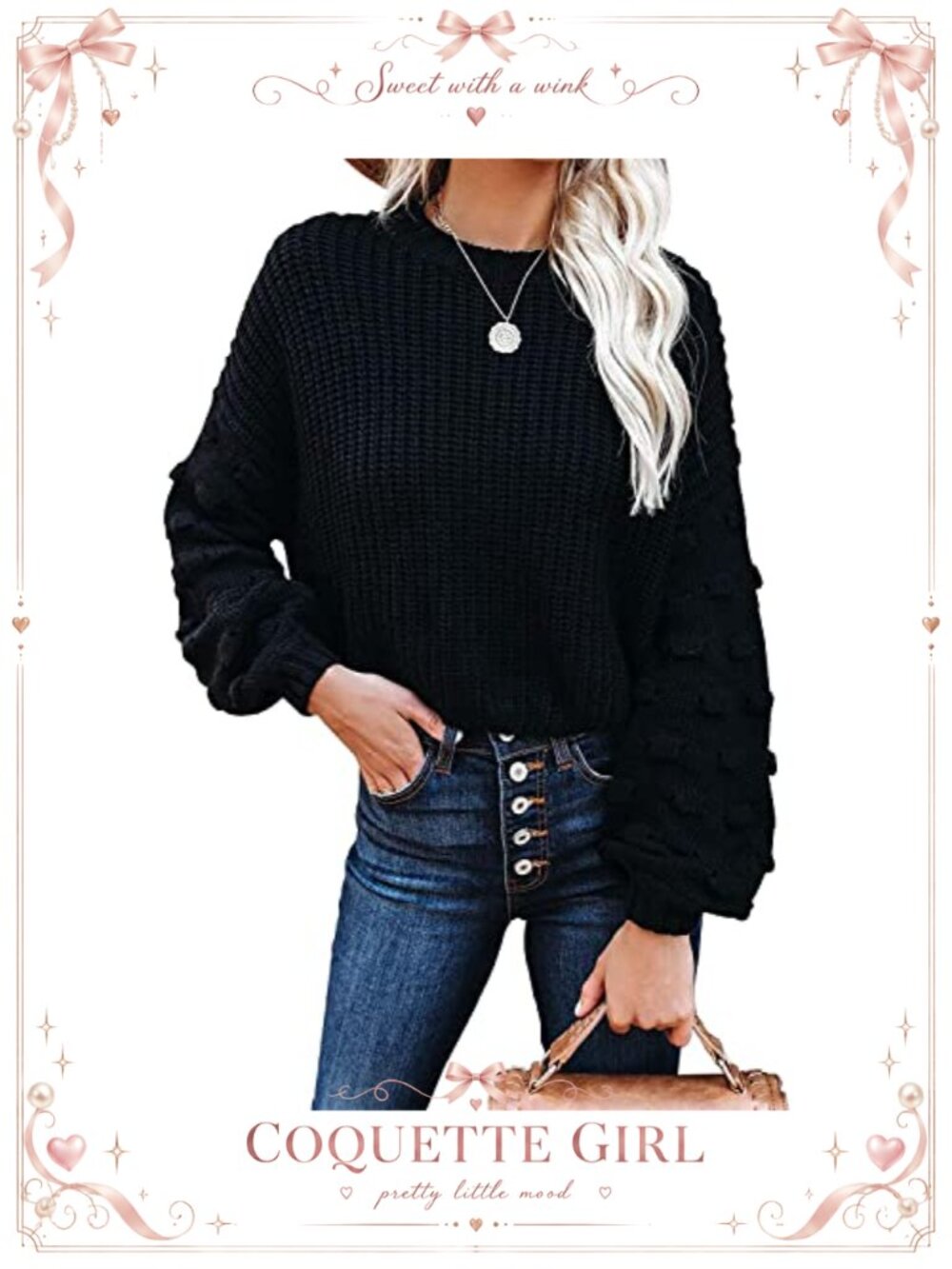 Women's Loose Knit Pullover Sweater Long Puff Sleeve Crew Neck Winter Jumper